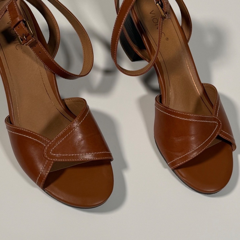 Vionic Tan Leather Block Heel Sandals Ankle Strap Boho Minimalist Brown Women 10 - Picture 5 of 9